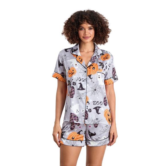 Halloween Satin Short Sleeve & Shorts PJ Set Silver w/Pumpkin,Ghost,Bat Medium - Picture 1 of 12